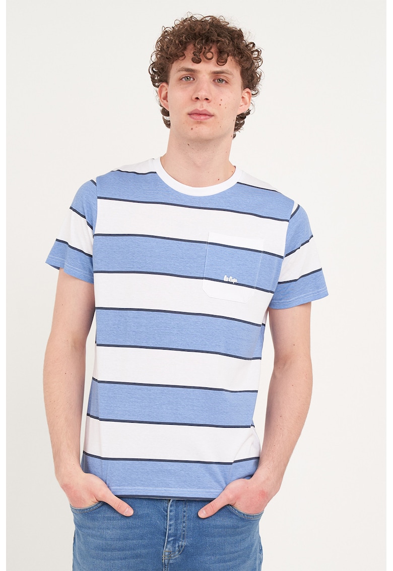 Tricou cu dungi si buzunar pe piept - Alb/Albastru deschis