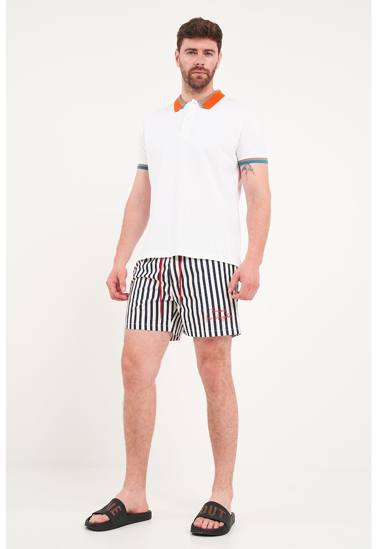 Pantaloni scurti de baie cu logo si dungi - Alb/Albastru ultramarin