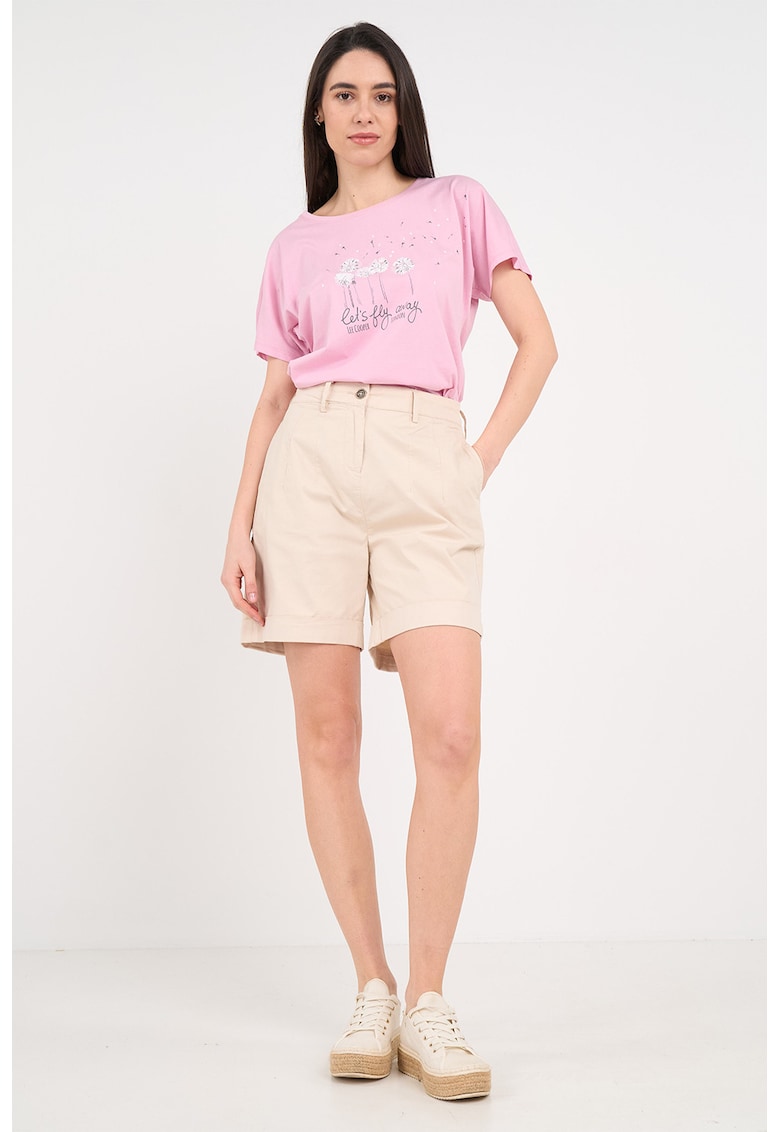 Pantaloni scurti din amestec de bumbac cu talie inalta - Crem