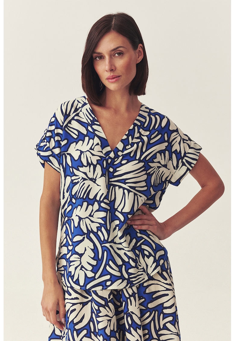 Bluza cu decolteu in V si model Tikini - Alb/Albastru royal