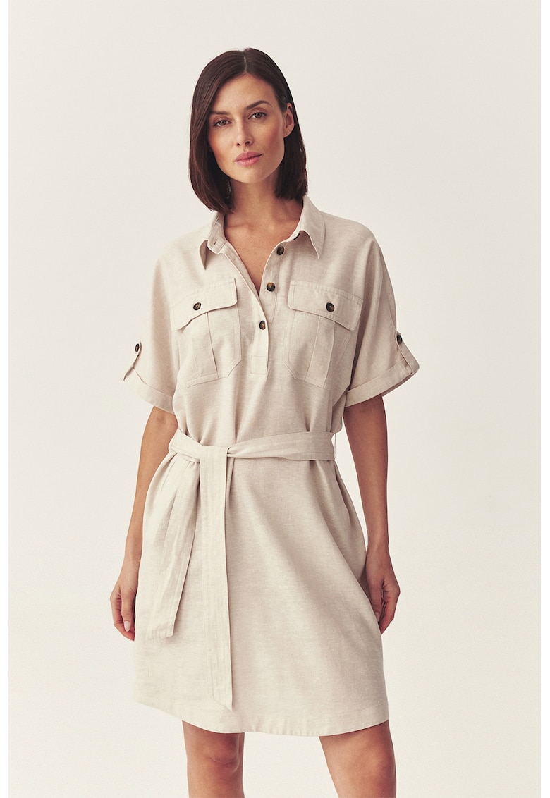 Rochie din amestec de in cu cordon in talie - Bej deschis