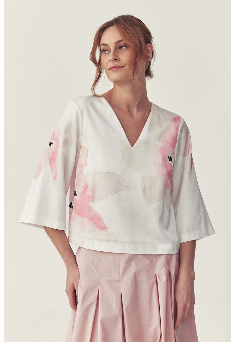 Bluza cu decolteu in V - imprimeu floral si maneci 3/4 - Alb/Roz