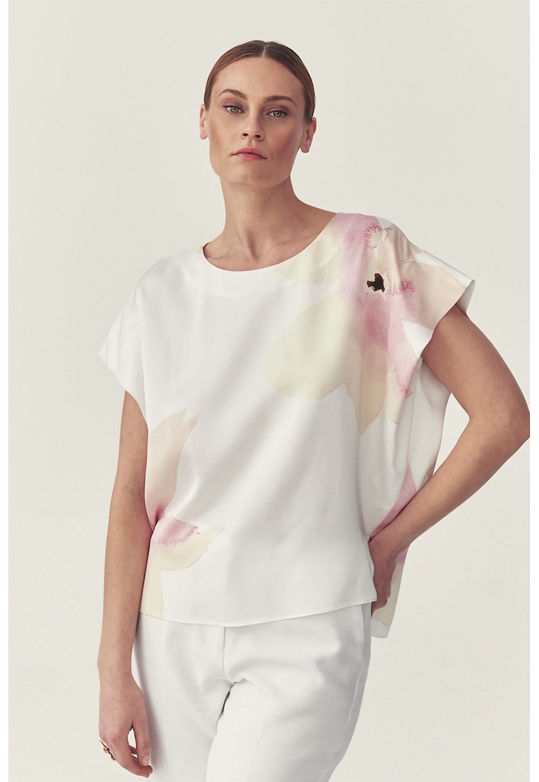 Bluza asimetrica cu imprimeu floral - Roz deschis/Alb murdar
