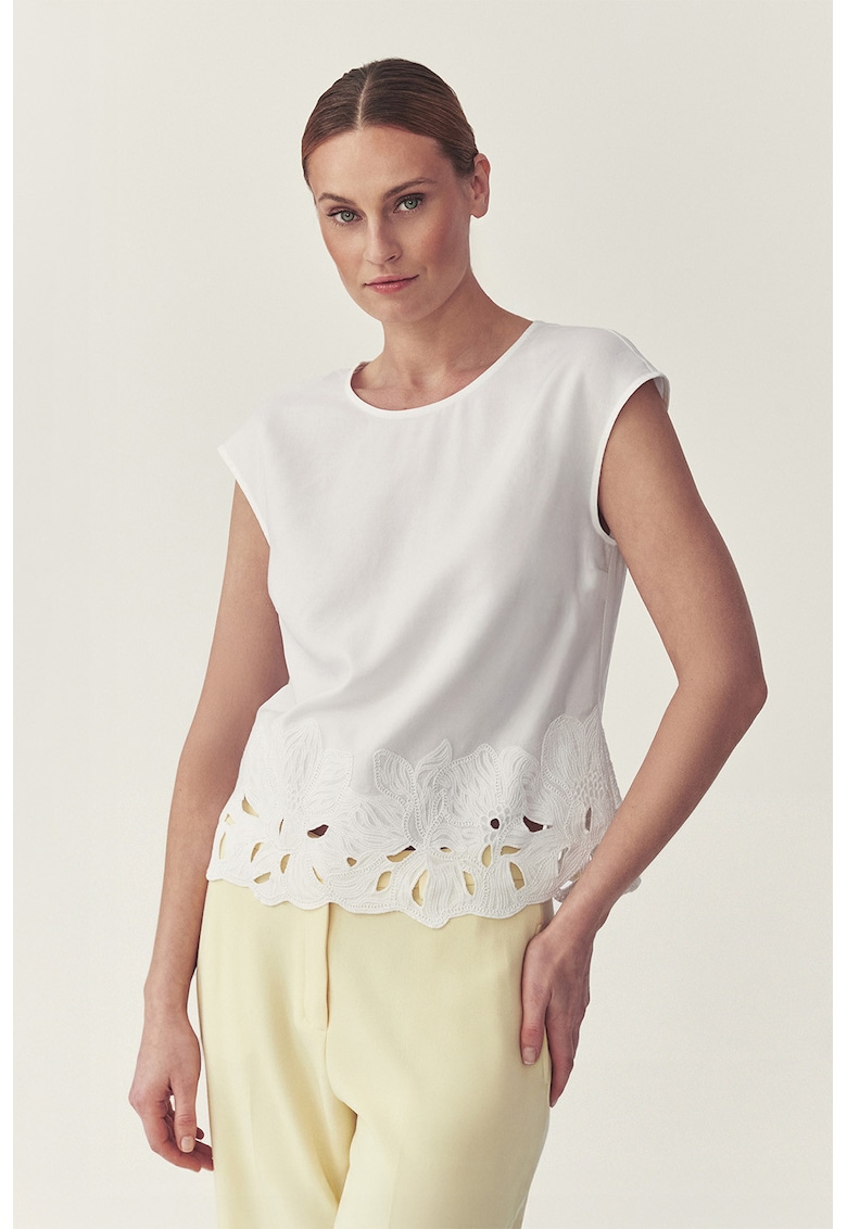 Bluza din amestec de lyocell cu broderie la terminatie - Alb