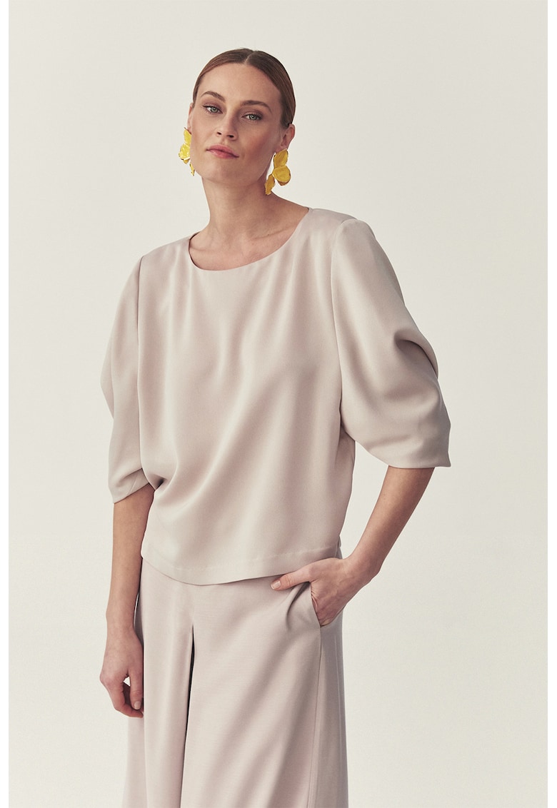 Bluza cu model uni si maneci bufante - Bej sampanie