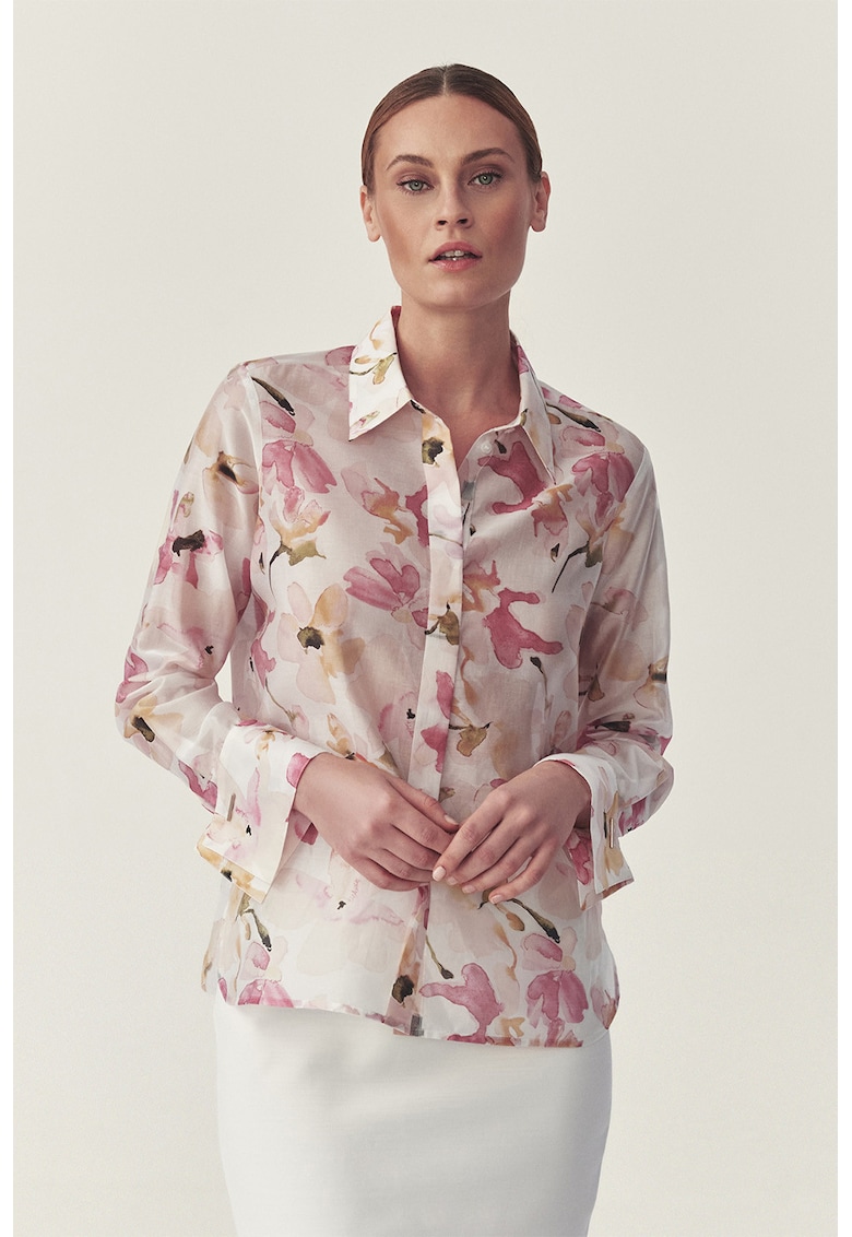 Camasa din amestec de lyocell cu model floral - Alb murdar/Roz