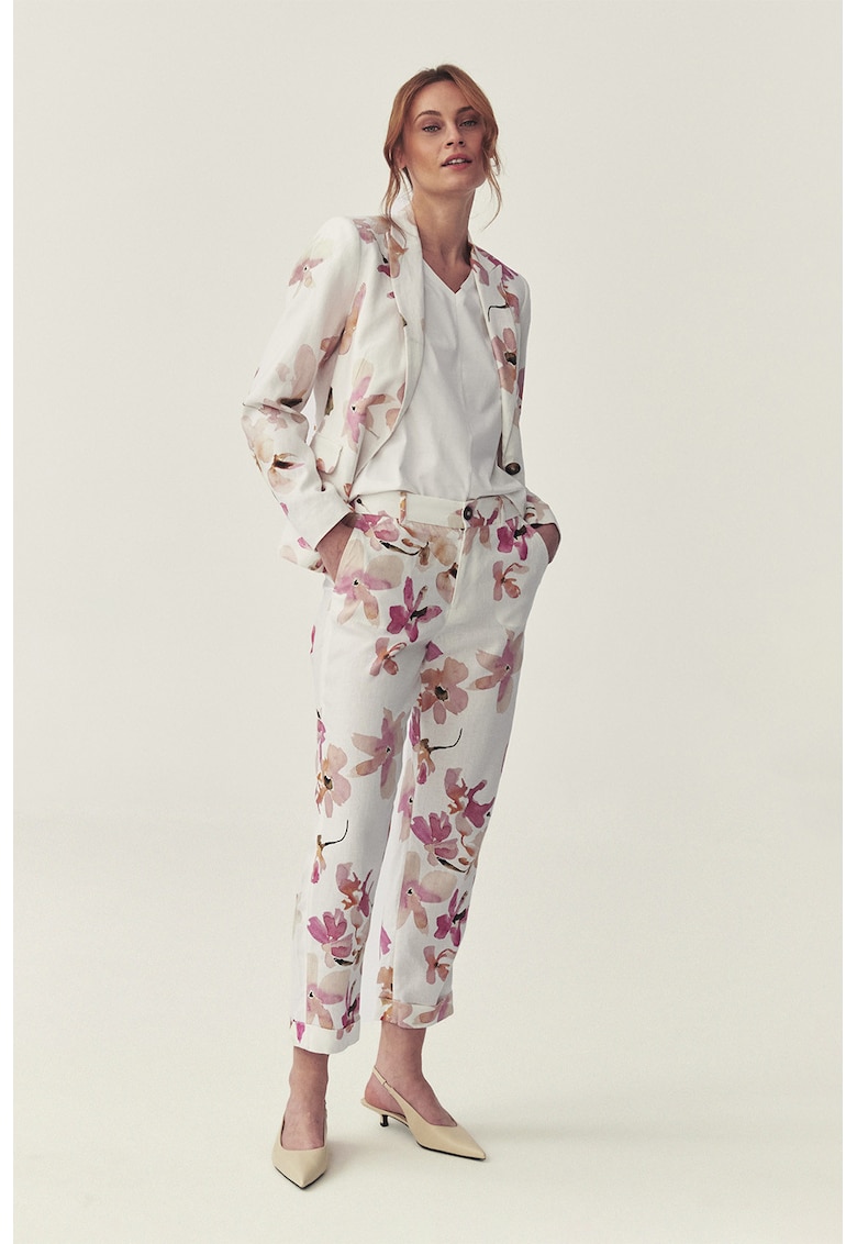 Pantaloni crop cu model floral - Alb murdar/Roz