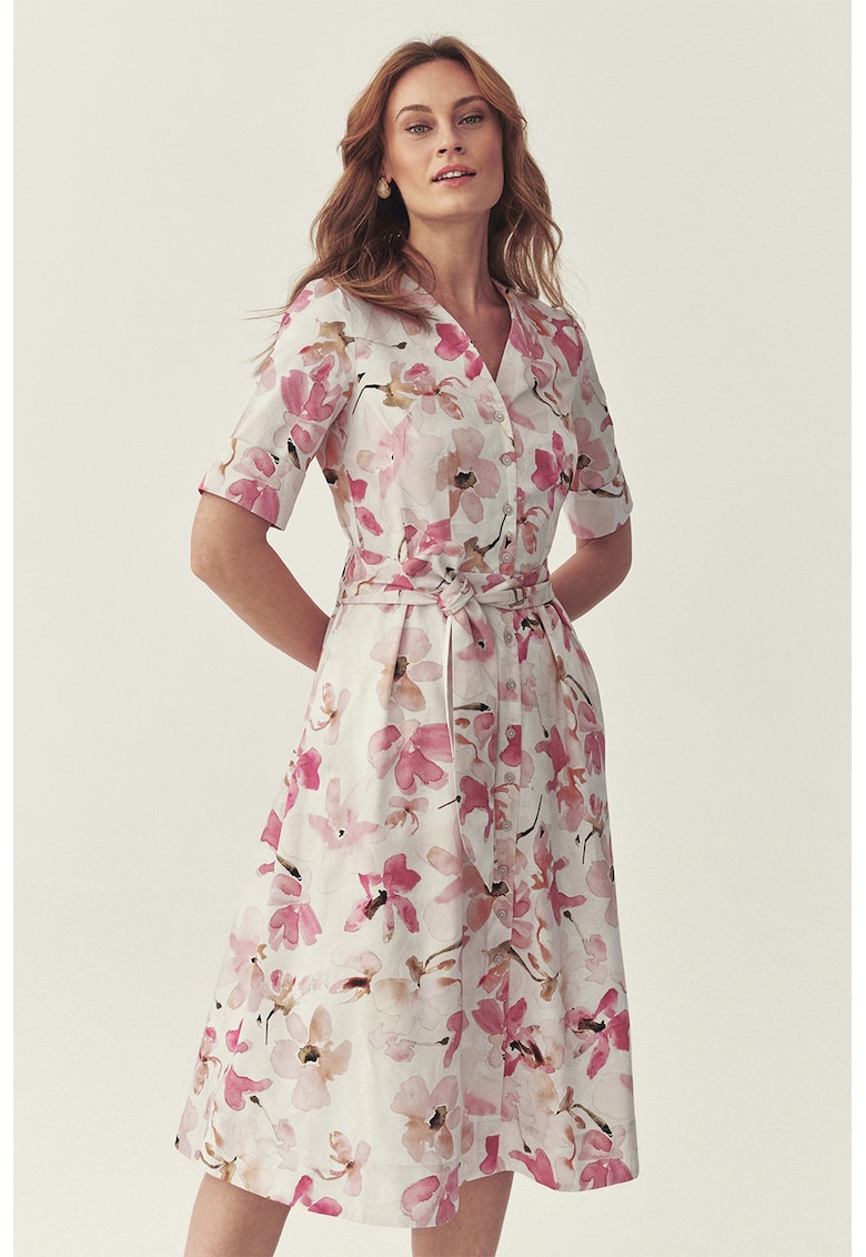 Rochie evazata cu model floral si cordon in talie - Alb murdar/Roz