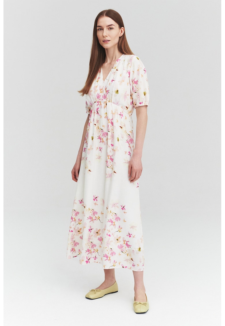 Rochie midi din amestec de in cu decolteu in V si maneci bufante - Roz/Crem