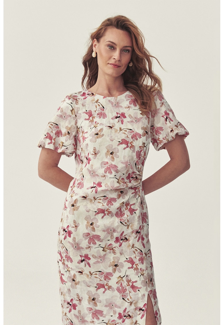 Rochie cambrata cu model floral si slit frontal - Roz/Crem
