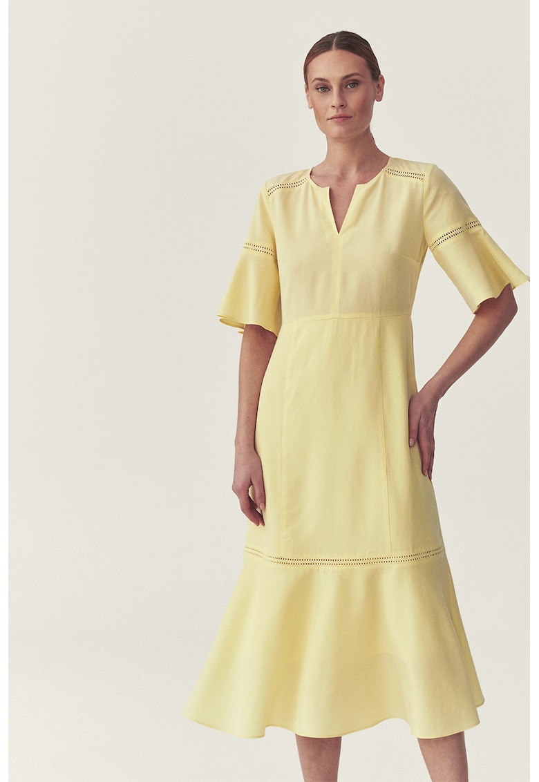 Rochie midi din amestec de lyocell cu terminatie cu volane - Galben pal