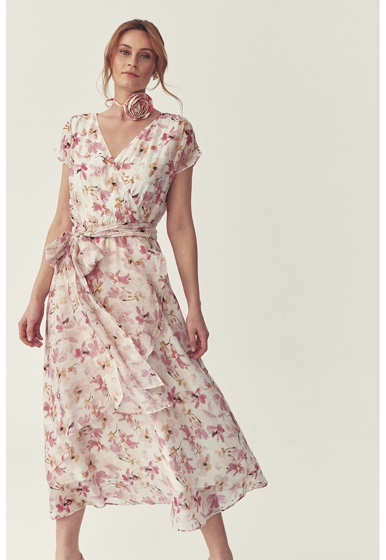 Rochie midi evazata cu model floral si cordon in talie - Roz/Crem