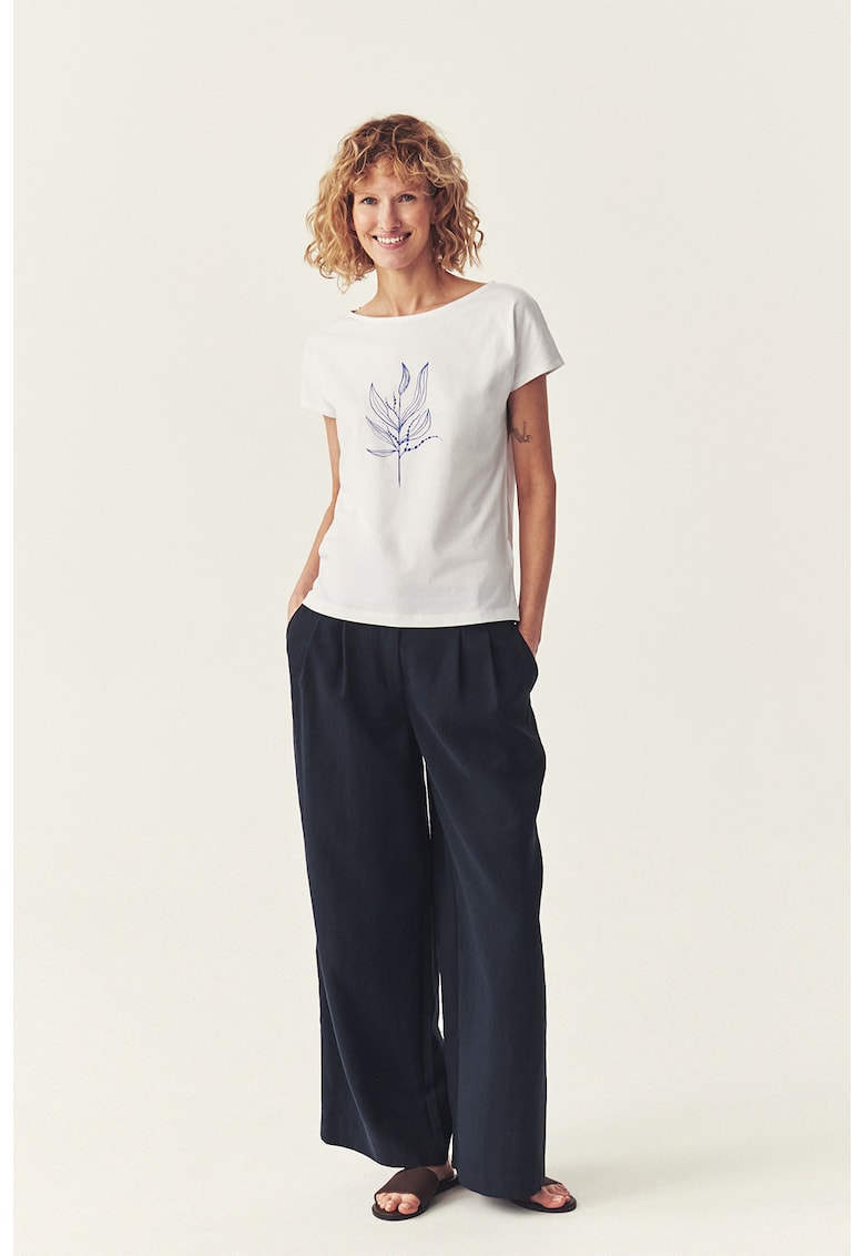 Tricou cu decolteu barcuta si imprimeu floral - Alb/Albastru