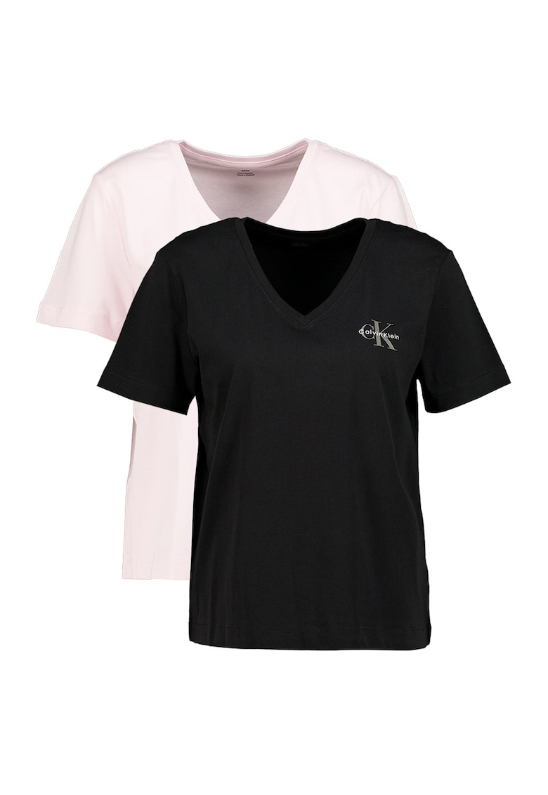 Set de tricouri cu decolteu in V si logo - 2 piese - Negru/Roz pal