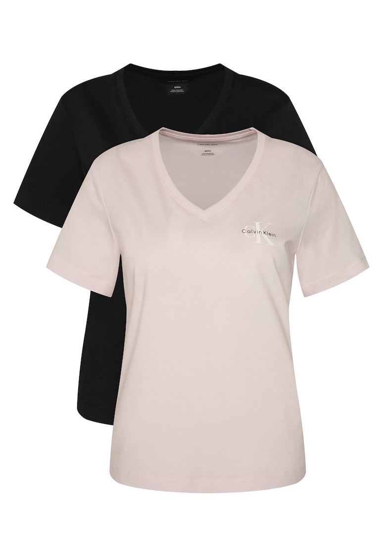 Set de tricouri cu decolteu in V si logo - 2 piese - Negru/Roz pal