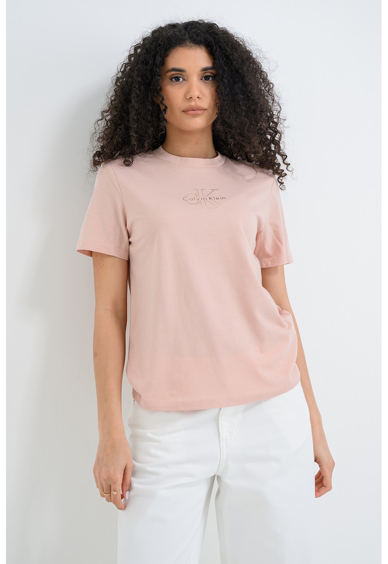 Tricou din bumbac cu imprimeu logo - Roz prafuit
