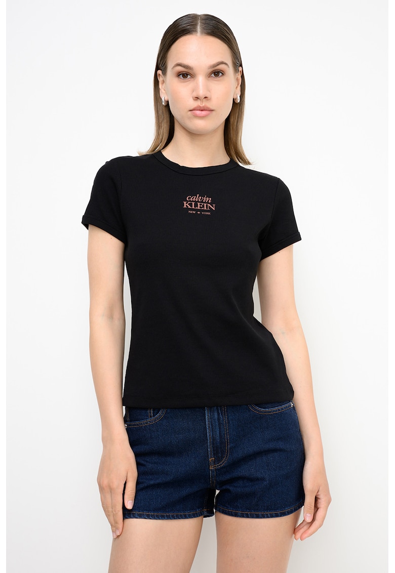 Tricou slim-fit din amestec de bumbac - Negru