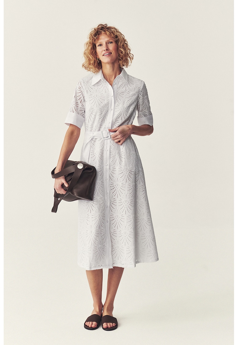 Rochie-camasa din bumbac cu broderie din dantela Sangallo - Alb