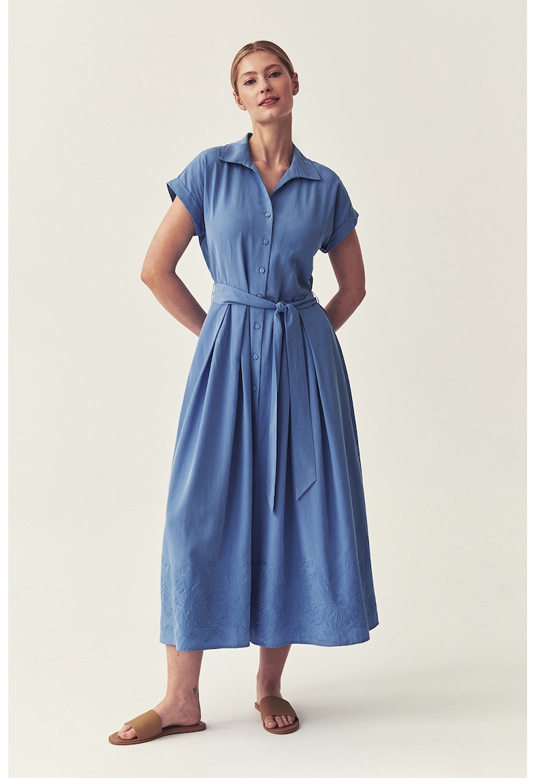 Rochie din in si lyocell cu broderie - Albastru deschis