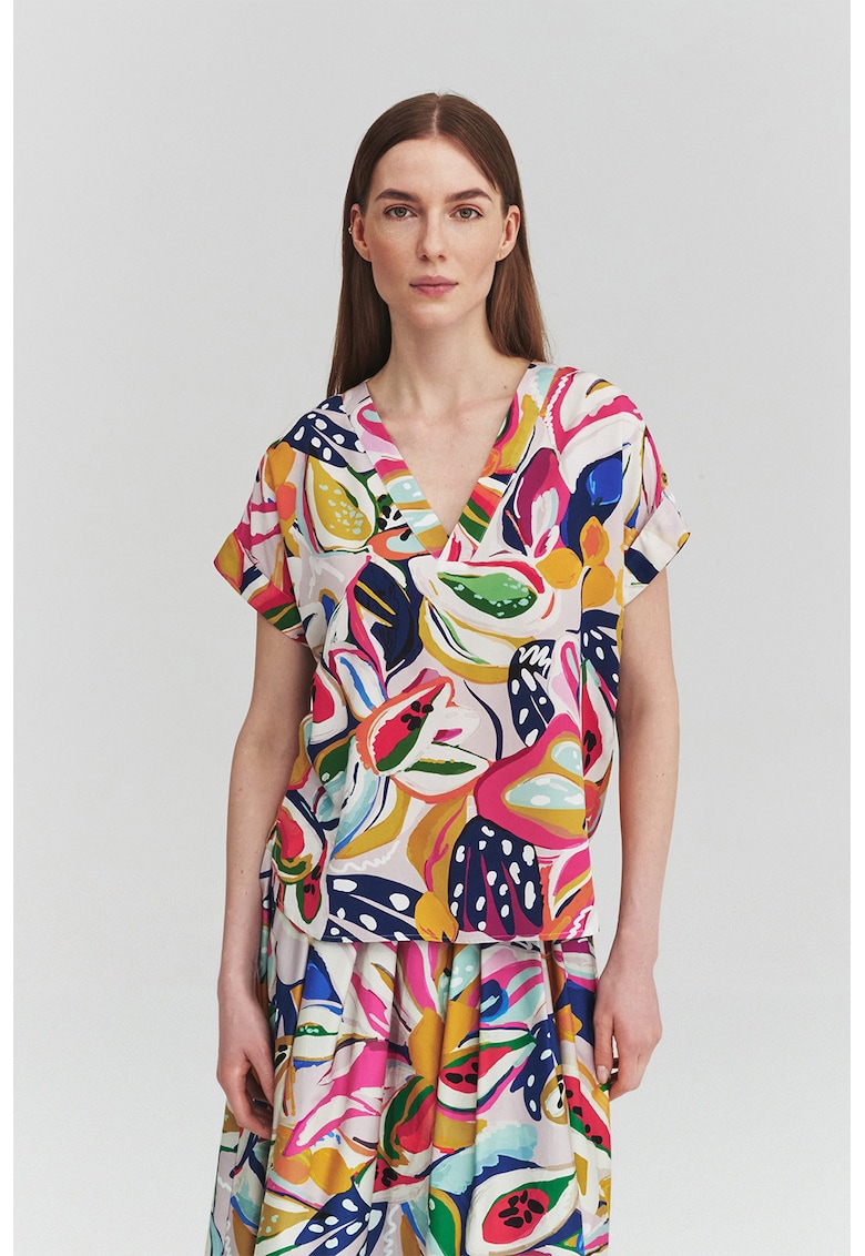 Bluza cu decolteu in V si imprimeu floral - Rosu/Alb/Galben sofran