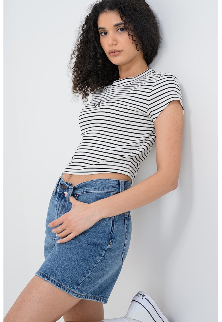 Tricou crop slim fit cu imprimeu - Alb/Negru