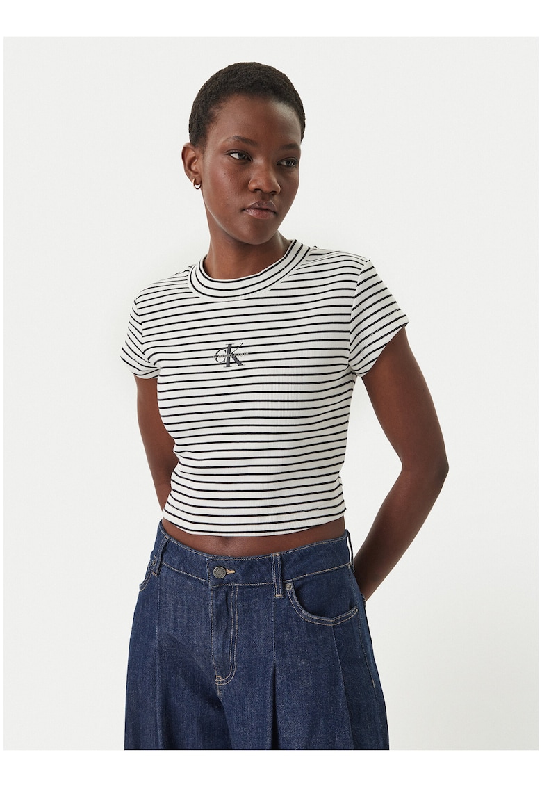 Tricou crop slim fit cu imprimeu - Alb/Negru
