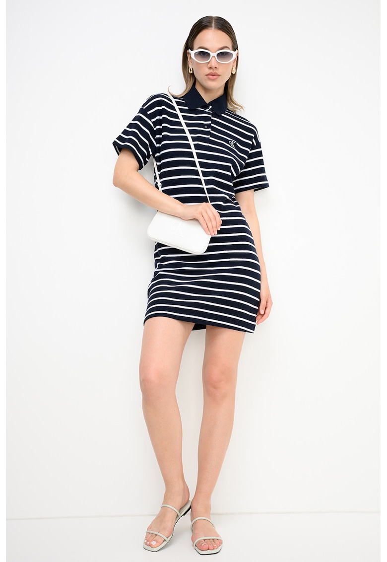 Rochie polo cu croiala dreapta si dungi - Albastru ultramarin/Alb optic