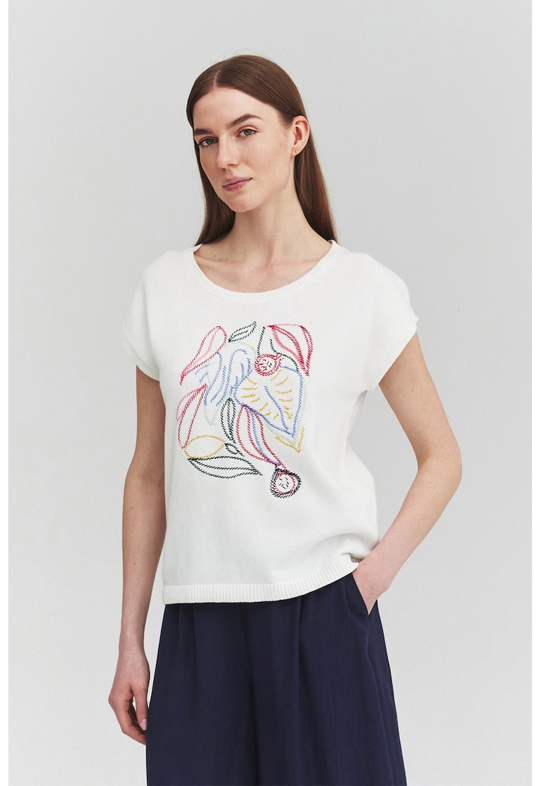 Tricou de bumbac cu cusaturi decorative - Alb/Albastru azur/Rosu cireasa