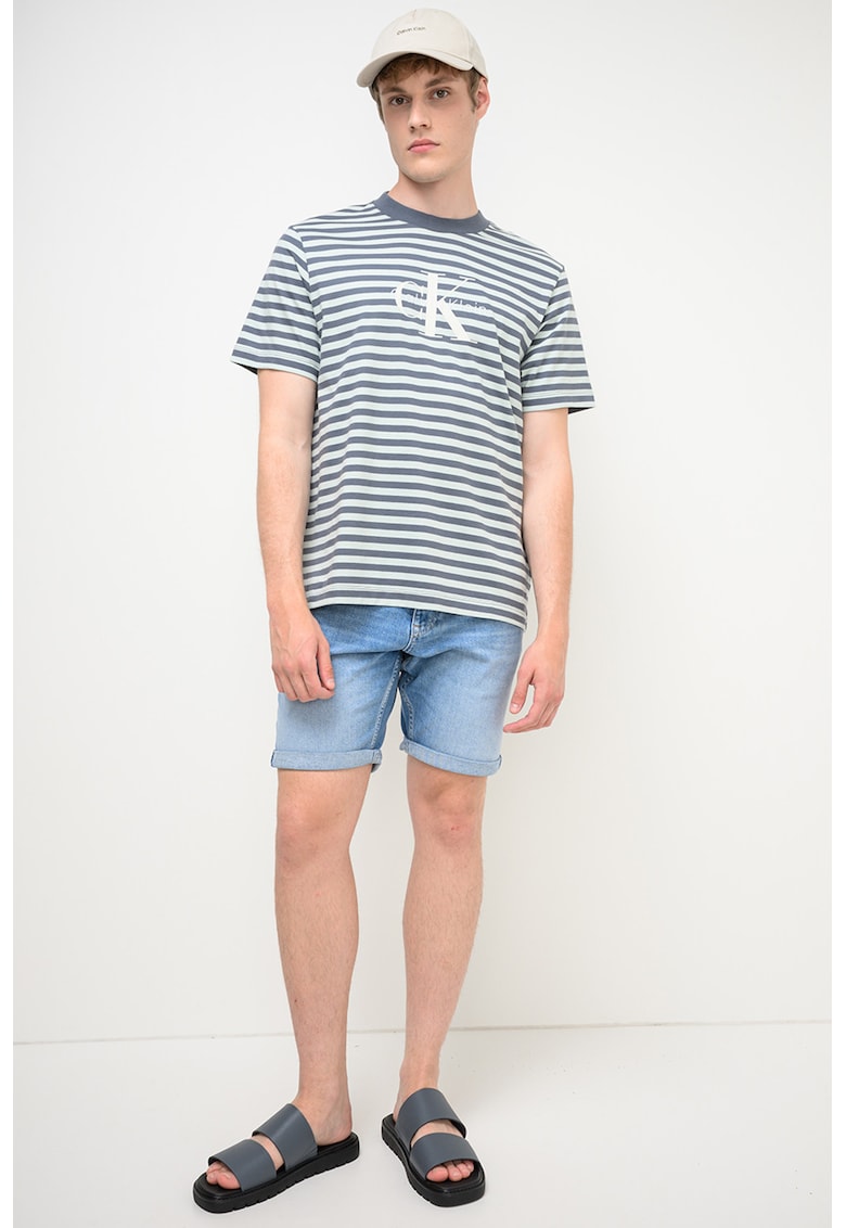 Tricou cu decolteu la baza gatului si dungi - Albastru glaciar/Gri inchis
