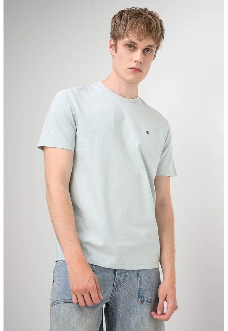 Tricou din bumbac cu decolteu la baza gatului - Albastru glaciar