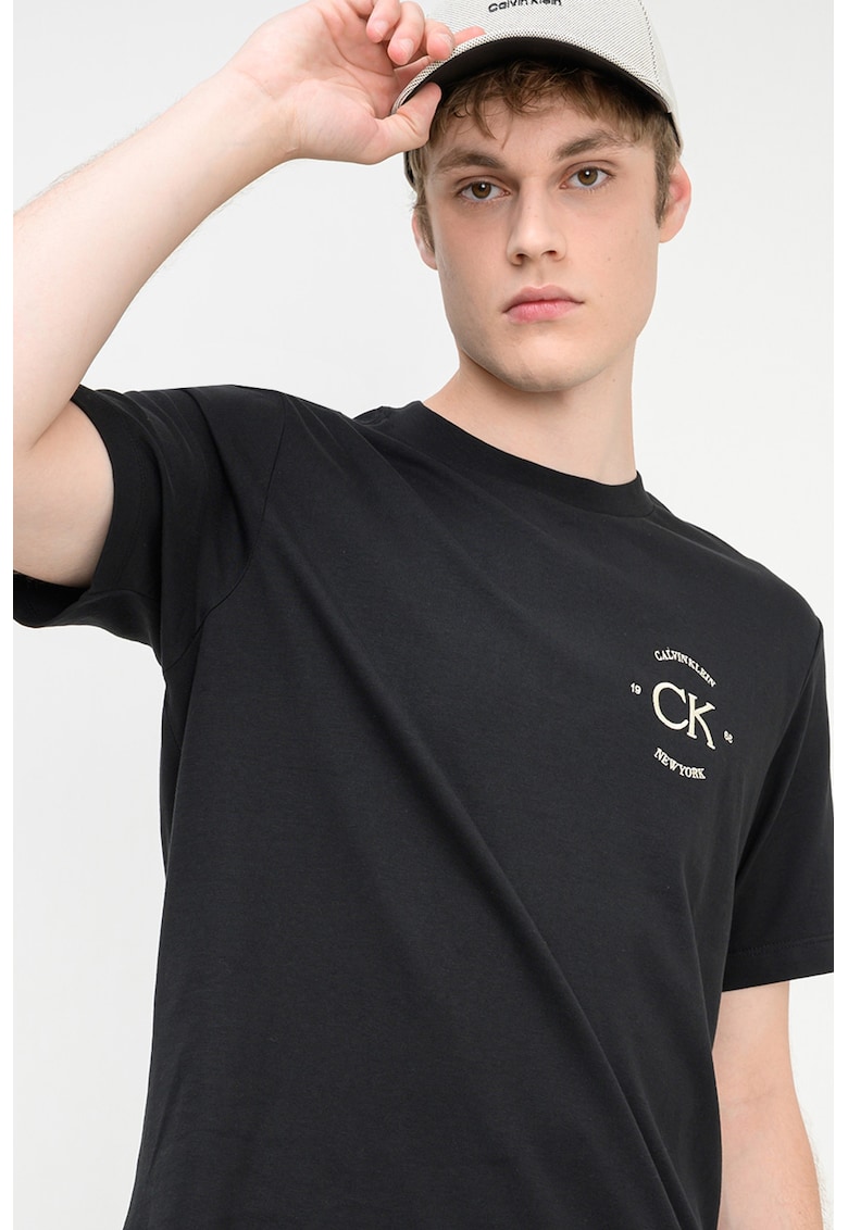 Tricou din bumbac cu imprimeu logo - Alb fildes/Negru