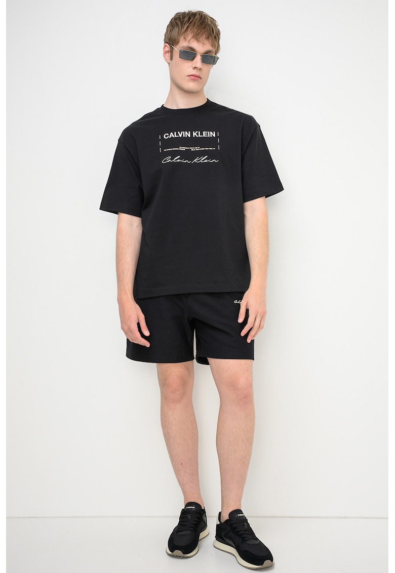 Tricou cu decolteu la baza gatului si imprimeu logo - Negru/Alb murdar