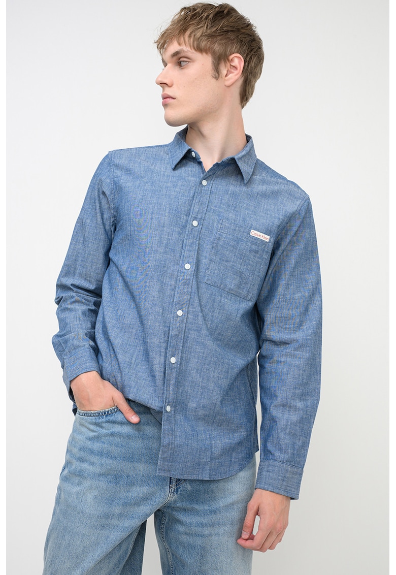 Camasa relaxed-fit din denim cu buzunar pe piept - Albastru melange