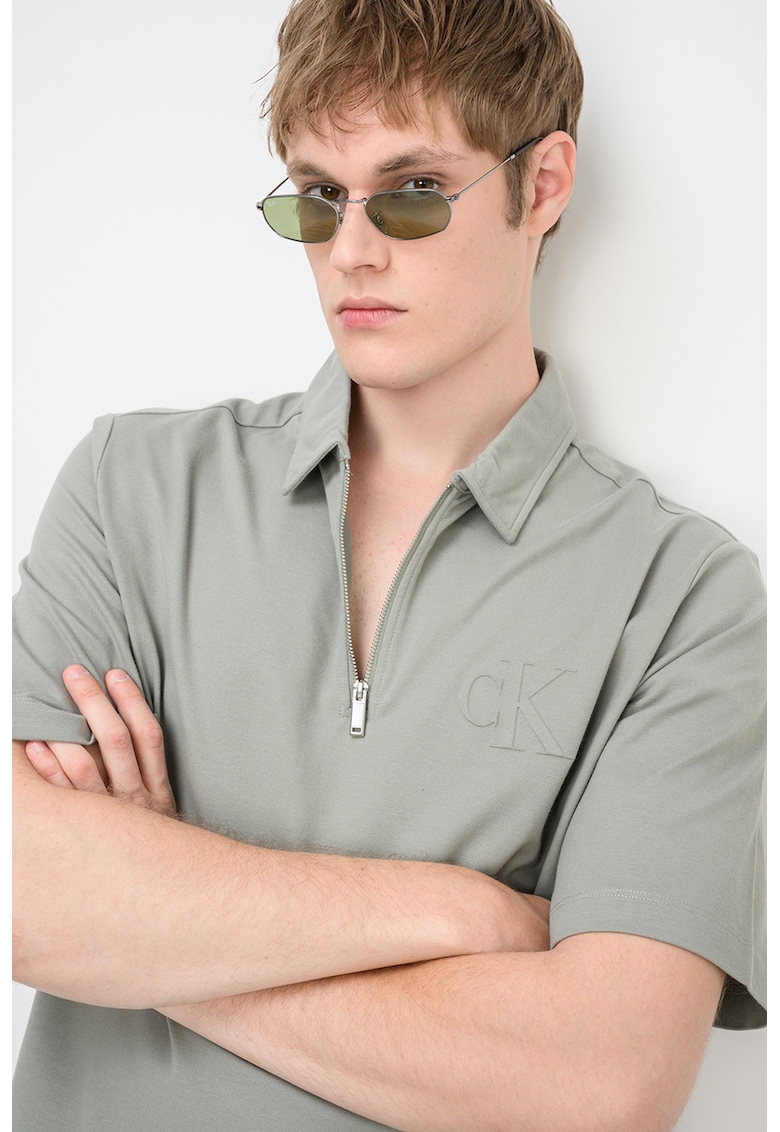 Tricou polo cu fenta cu fermoar - Verde sparanghel