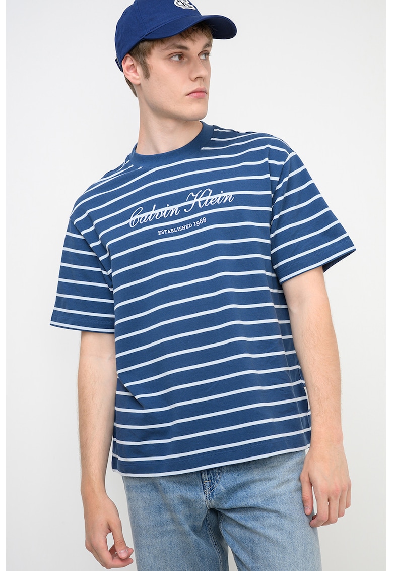 Tricou lejer din bumbac cu dungi - Alb/Albastru inchis