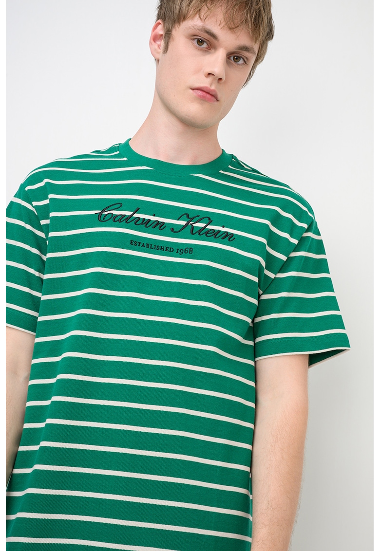 Tricou lejer din bumbac cu dungi - Alb/Verde