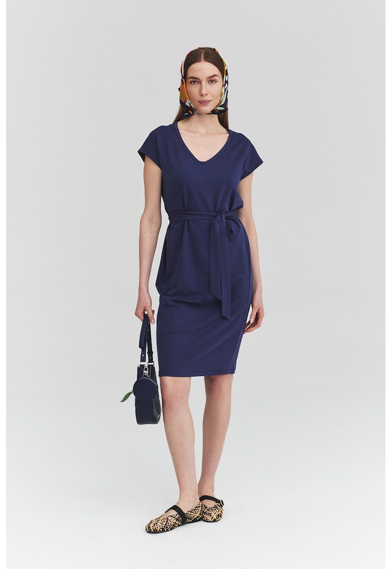 Rochie mini cu decolteu in V si cordon - Albastru indigo