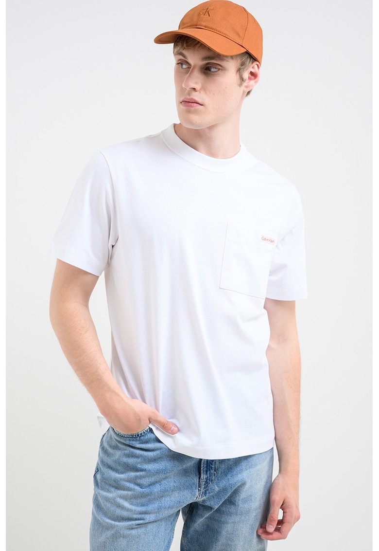 Tricou de bumbac cu buzunar pe piept - Alb
