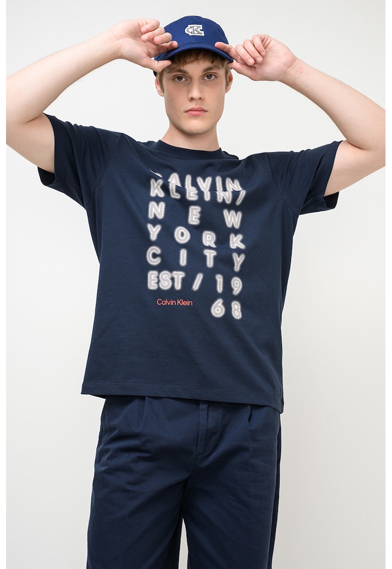 Tricou lejer de bumbac cu imprimeu logo - Albastru ultramarin/Alb murdar