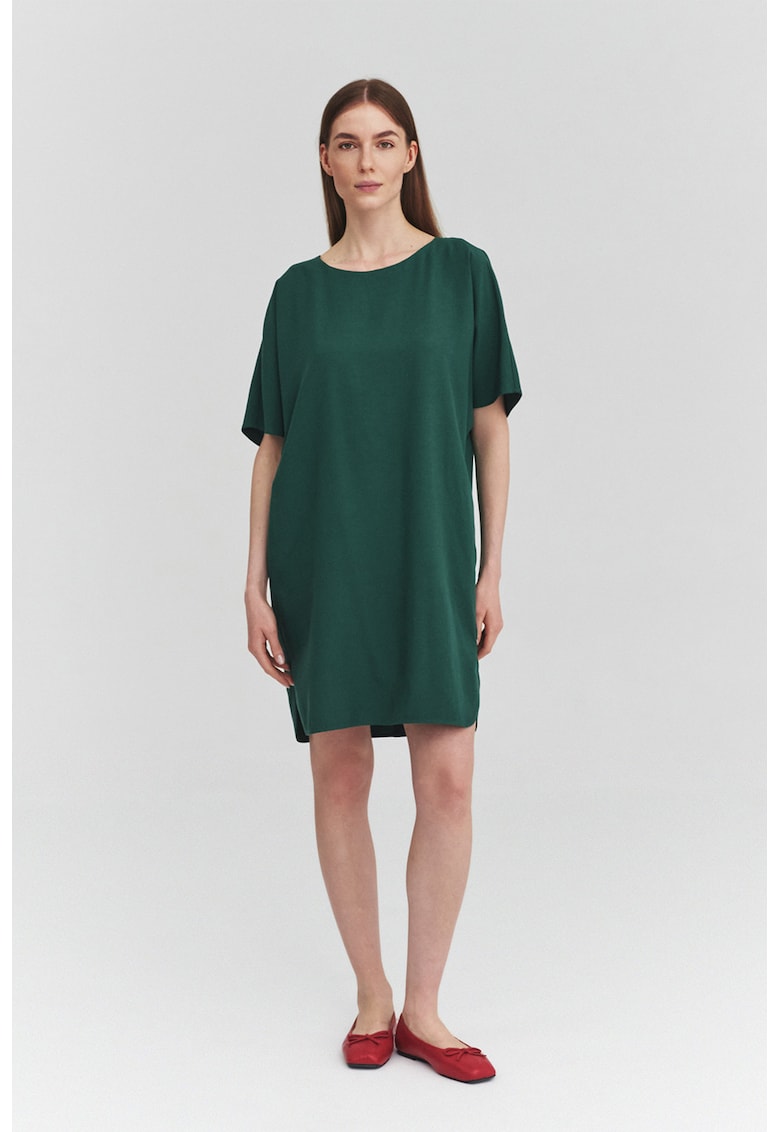 Rochie mini de in si lyocell cu maneci scurte - Verde padure