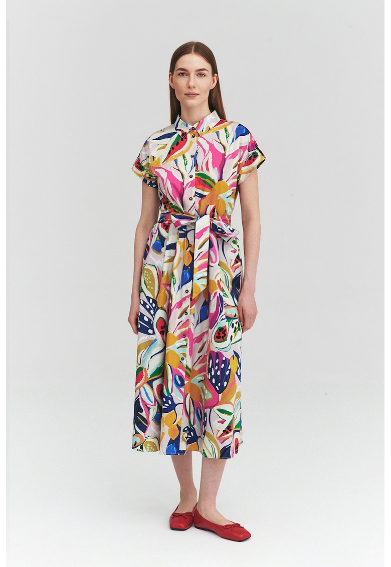 Rochie-camasa de bumbac cu cordon - Rosu/Alb/Galben sofran