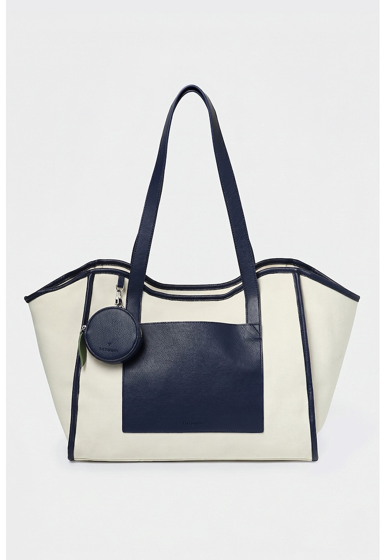 Geanta shopper cu portmoneu detasabil - Alb murdar/Bleumarin