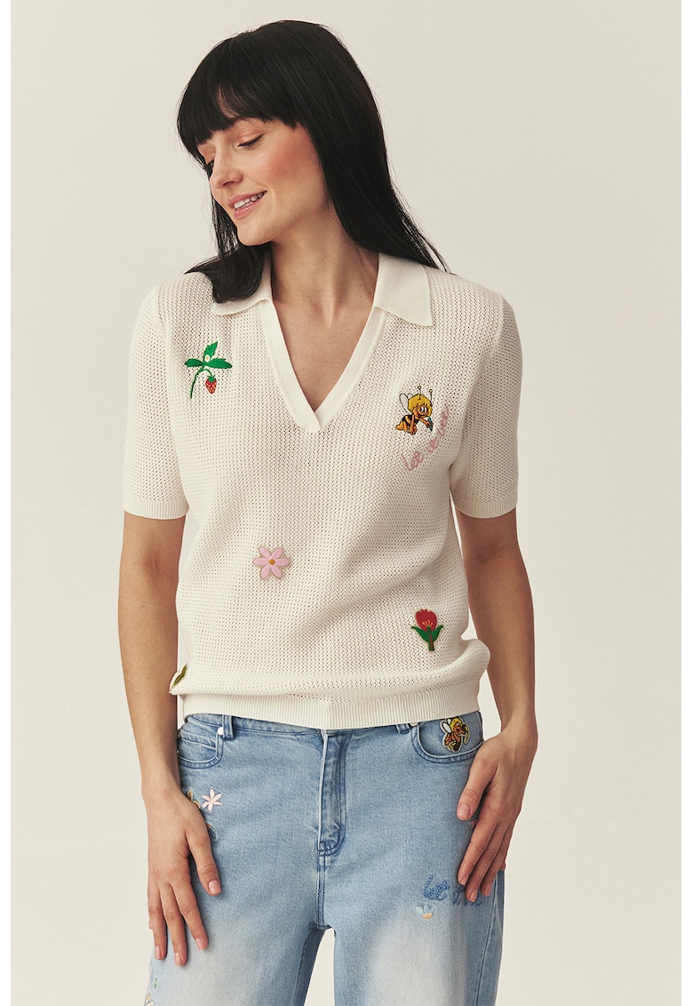 Bluza cu decolteu in V si broderie - Galben miere/Alb murdar