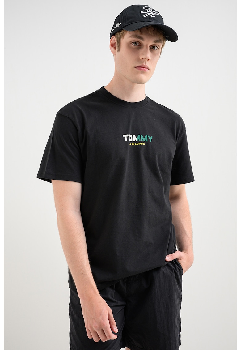 Tricou cu decolteu la baza gatului si imprimeu logo - Alb/Verde/Negru