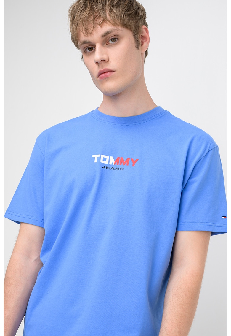 Tricou cu decolteu la baza gatului si imprimeu logo - Rosu/Alb/Albastru deschis
