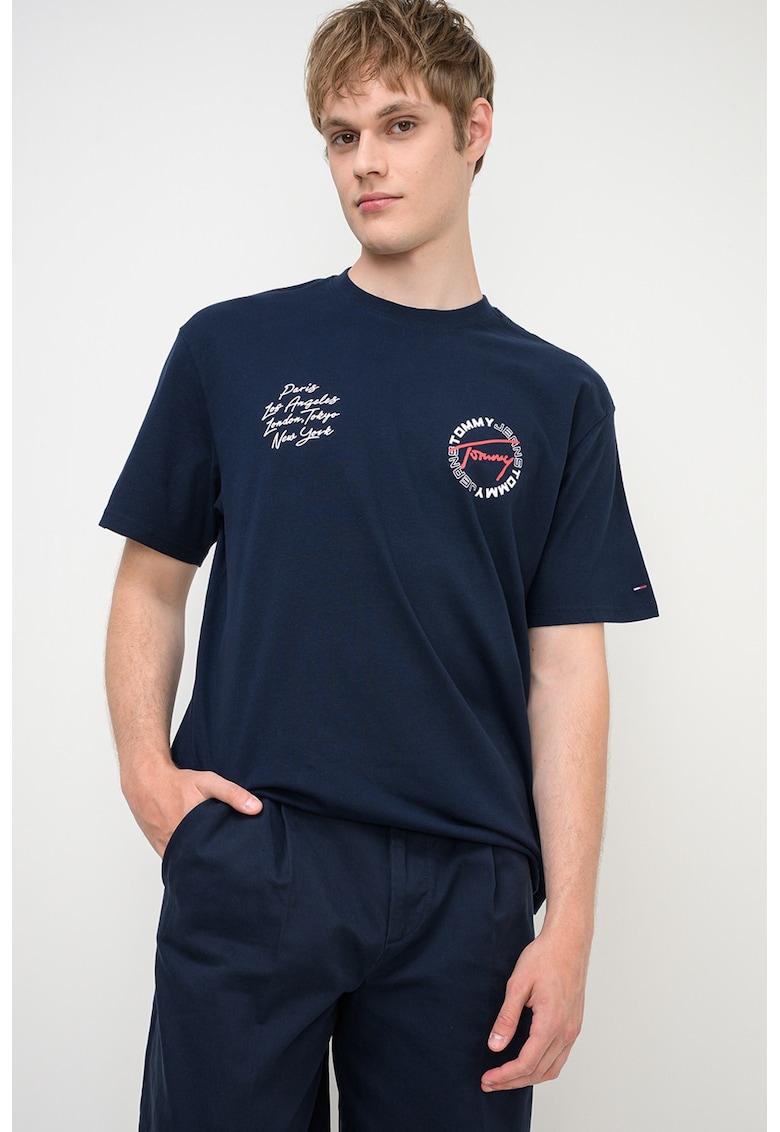 Tricou cu imprimeu grafic pe partea din spate - Rosu/Alb/Bleumarin