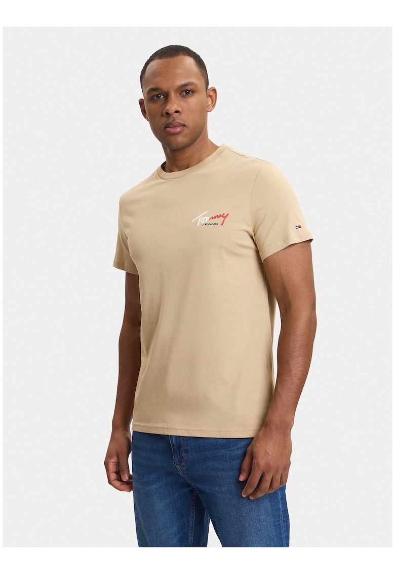 Tricou cu decolteu la baza gatului si imprimeu logo - Bej