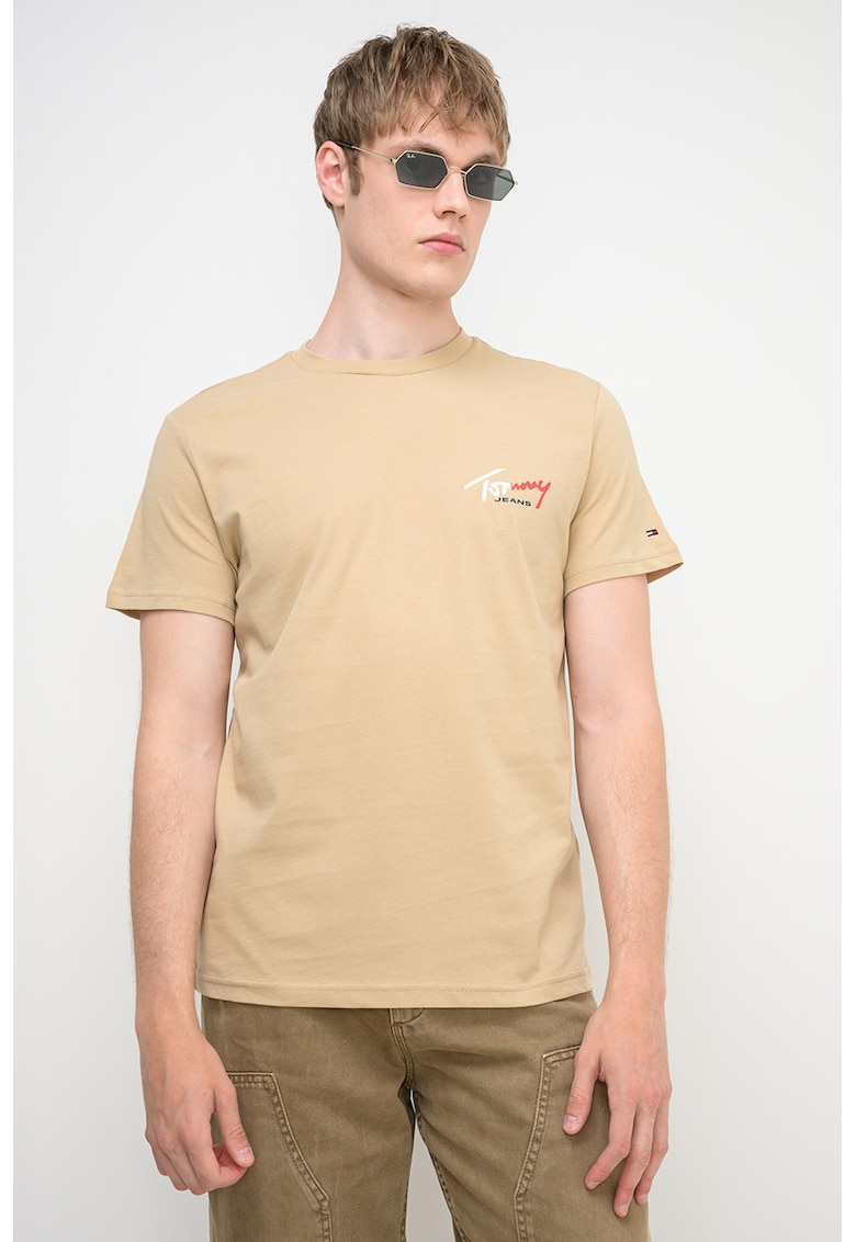 Tricou cu decolteu la baza gatului si imprimeu logo - Bej