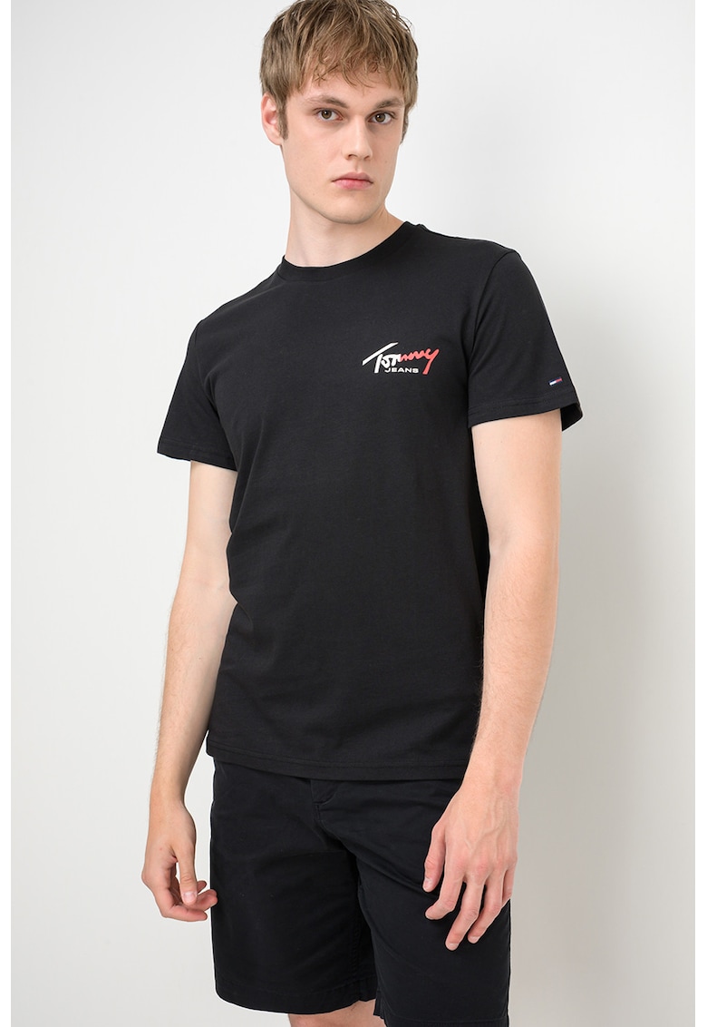 Tricou cu decolteu la baza gatului si imprimeu logo - Negru