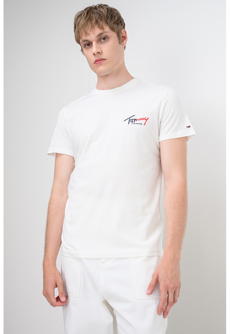Tricou cu decolteu la baza gatului si imprimeu logo - Alb
